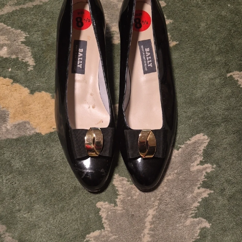 Bally Women's Black Patent Leather Loafers with Gold Buckle
